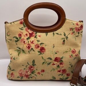 Fossil Floral Canvas Top Handle Satchel Bag w/ Leather Trim & Strap